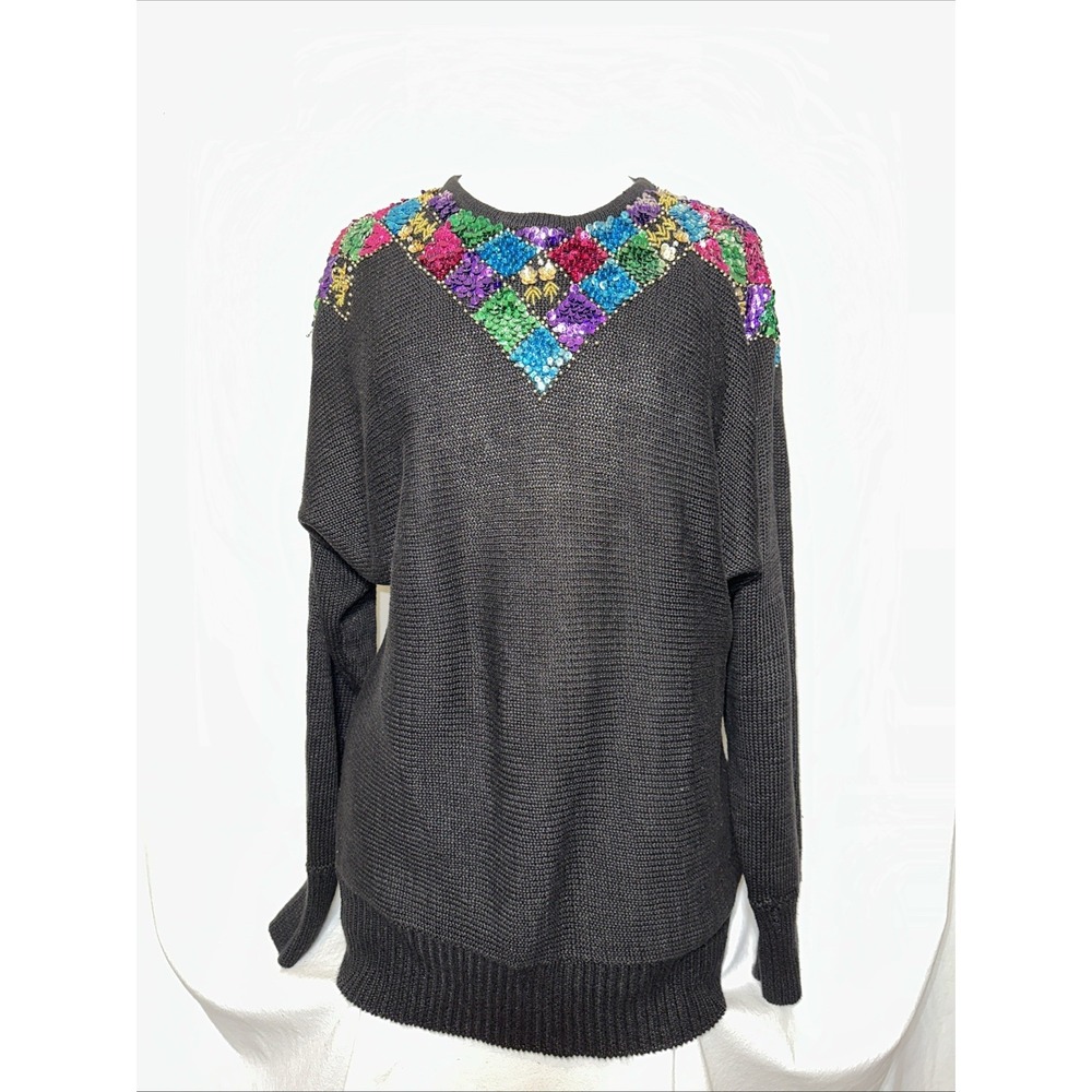 Vintage 80's Bonnie Evans Black Knit Sweater with Rainbow Sequins Sz: Large